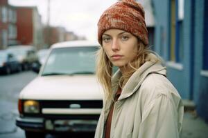 a woman in a beanie standing in front of a car generative ai photo