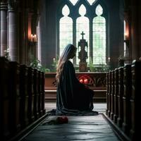 a woman in a black cloak sitting in the pews of a church generative ai photo