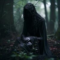 a woman in a black cloak sitting in the woods generative ai photo