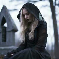 a woman in a black cloak sitting on a tombstone generative ai photo