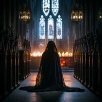 a woman in a black cloak sitting in the middle of a church generative ai photo