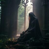 a woman in a black cloak sitting on the steps of a church generative ai photo