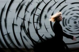 a woman in a black dress is walking through a tunnel generative ai photo