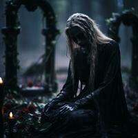 un mujer en un negro vestir sentado en un cementerio con velas generativo ai foto