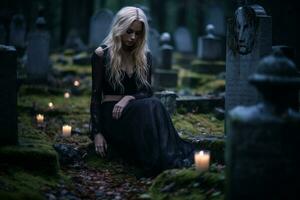 a woman in a black dress sitting in a graveyard with candles generative ai photo