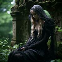 a woman in a black dress sitting in the woods generative ai photo