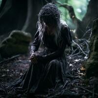 a woman in a black dress sitting in the woods generative ai photo