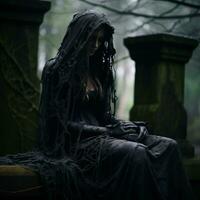 a woman in a black dress sitting on a bench in the woods generative ai photo