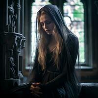 a woman in a black dress sitting on a bench generative ai photo
