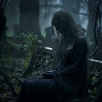 a woman in a black dress sitting on a bench in the woods generative ai photo