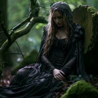 a woman in a black dress sitting on a rock in the woods generative ai photo