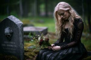 a woman in a black dress sitting on a tombstone with flowers generative ai photo