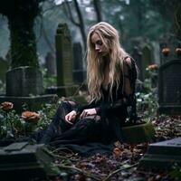 a woman in a black dress sitting on the ground in a cemetery generative ai photo