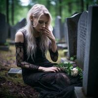 a woman in a black dress sitting on the ground in a cemetery generative ai photo