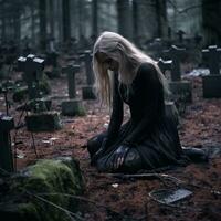un mujer en un negro vestir sentado en el suelo en un cementerio generativo ai foto