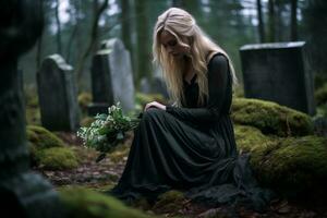 a woman in a black dress sitting on the ground in a cemetery generative ai photo