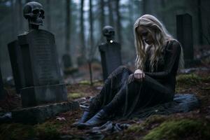 a woman in a black dress sitting on the ground in a graveyard generative ai photo