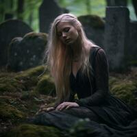 a woman in a black dress sitting on the ground in a graveyard generative ai photo