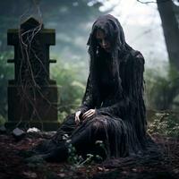 a woman in a black dress sitting on the ground in the woods generative ai photo