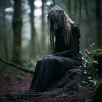 a woman in a black dress sitting on the ground in the woods generative ai photo