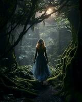 un mujer en un azul vestir caminando mediante un bosque generativo ai foto