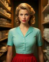 a woman in a blue shirt and red skirt standing in front of shelves of dishes generative ai photo