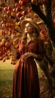 a woman in a brown dress and hat stands in front of an apple tree generative ai photo