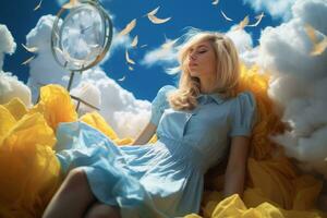 a woman in a blue dress sitting on top of yellow clouds generative ai photo