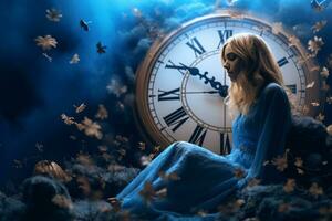 a woman in a blue dress sitting in front of a clock generative ai photo