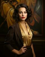 a woman in a brown suit and red lipstick posing in front of a painting generative ai photo