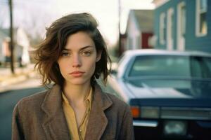 a woman in a brown jacket standing in front of a car generative ai photo