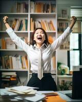 a woman in a business suit is celebrating in an office generative ai photo