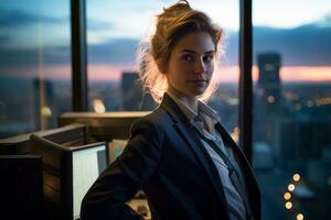 un mujer en un negocio traje en pie en frente de un ventana con ciudad luces en el antecedentes generativo ai foto