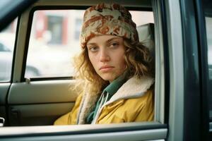 a woman in a car wearing a hat and jacket generative ai photo