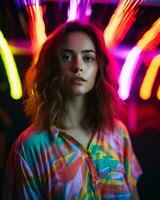 a woman in a colorful shirt standing in front of neon lights generative ai photo