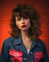 a woman in a denim jacket and red lipstick generative ai photo