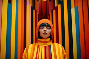 a woman in a colorful striped dress standing in front of a striped wall generative ai photo