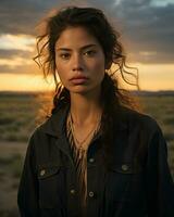 a woman in a denim jacket standing in the middle of the desert generative ai photo