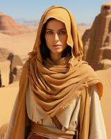 a woman in a desert wearing a brown shawl generative ai photo