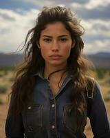 a woman in a denim shirt standing in the desert generative ai photo