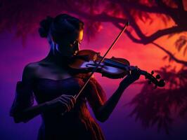 a woman in a dress plays the violin at sunset generative ai photo