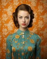 a woman in a floral dress posing against an orange background generative ai photo