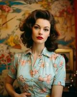 a woman in a floral dress posing for a photo generative ai