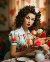 a woman in a floral dress sitting at a table with flowers generative ai photo