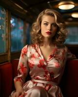 a woman in a floral dress sitting in a car generative ai photo