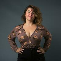 a woman in a floral shirt posing for the camera generative ai photo