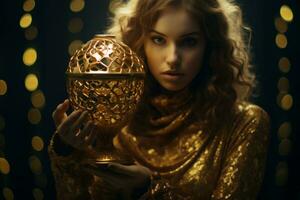 a woman in a gold dress holding a golden egg generative ai photo