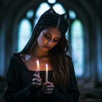 a woman in a gothic dress holding two lit candles generative ai photo