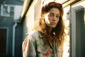 a woman in a floral shirt standing outside of a house generative ai photo