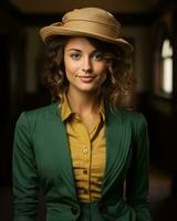 a woman in a green suit and hat posing for the camera generative ai photo